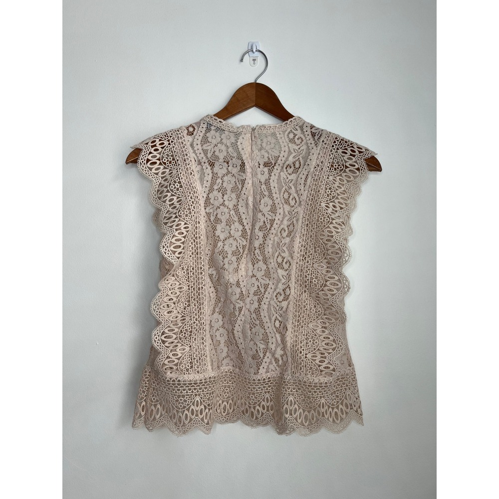 ZARA Lace Mock Neck Cap Sleeve Blouse Top Beige Size S - Picture 2 of 5